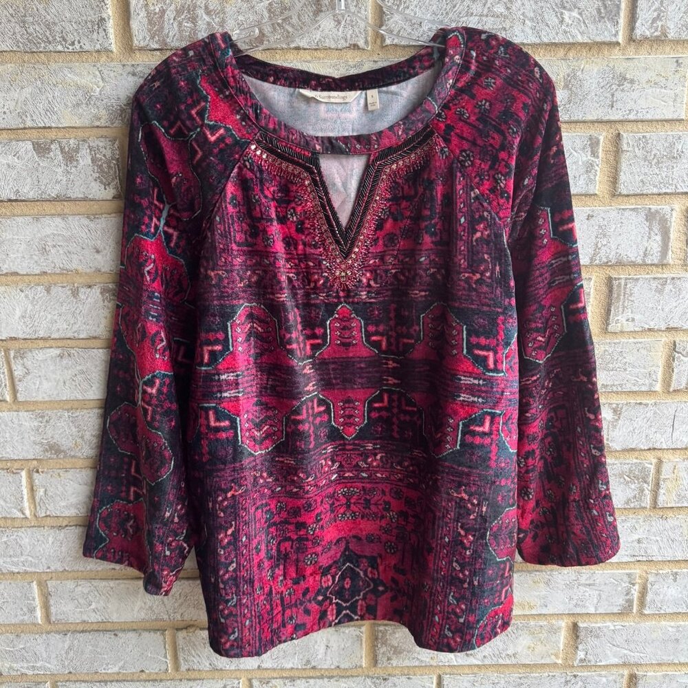 Soft Surroundings Long Sleeve Beaded Neckline Boho Velvet Blouse Women's Size S.